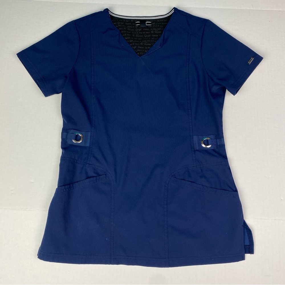 Elle Brand Women XS Scrub Top Blue EL720 V-Neck Pointed Collar Metal Ring Knit